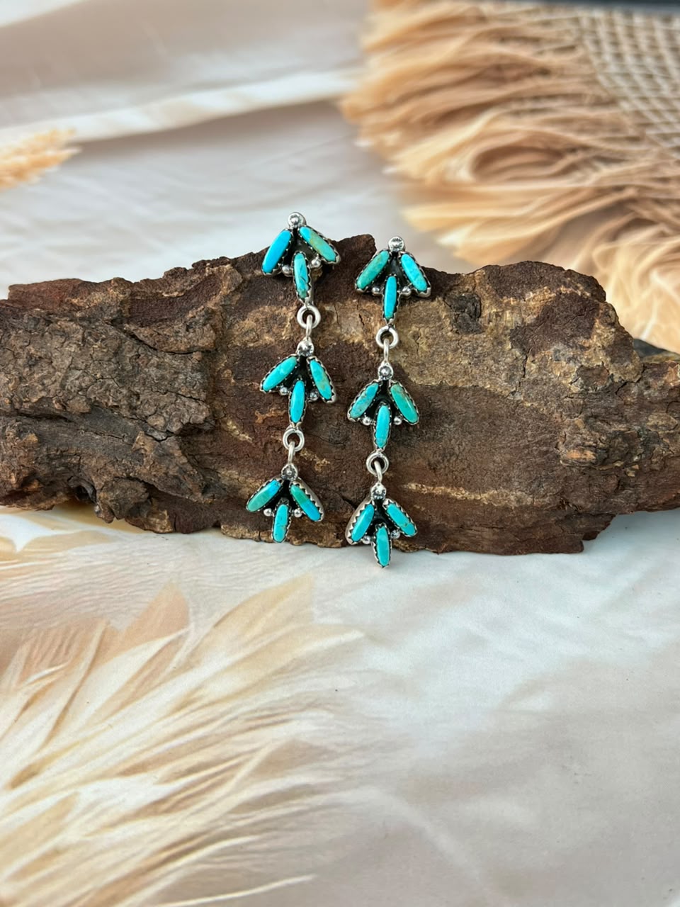 Handmade Sterling Silver Kingman Turquoise Post Dangle Earrings Signed Nizhoni (4)