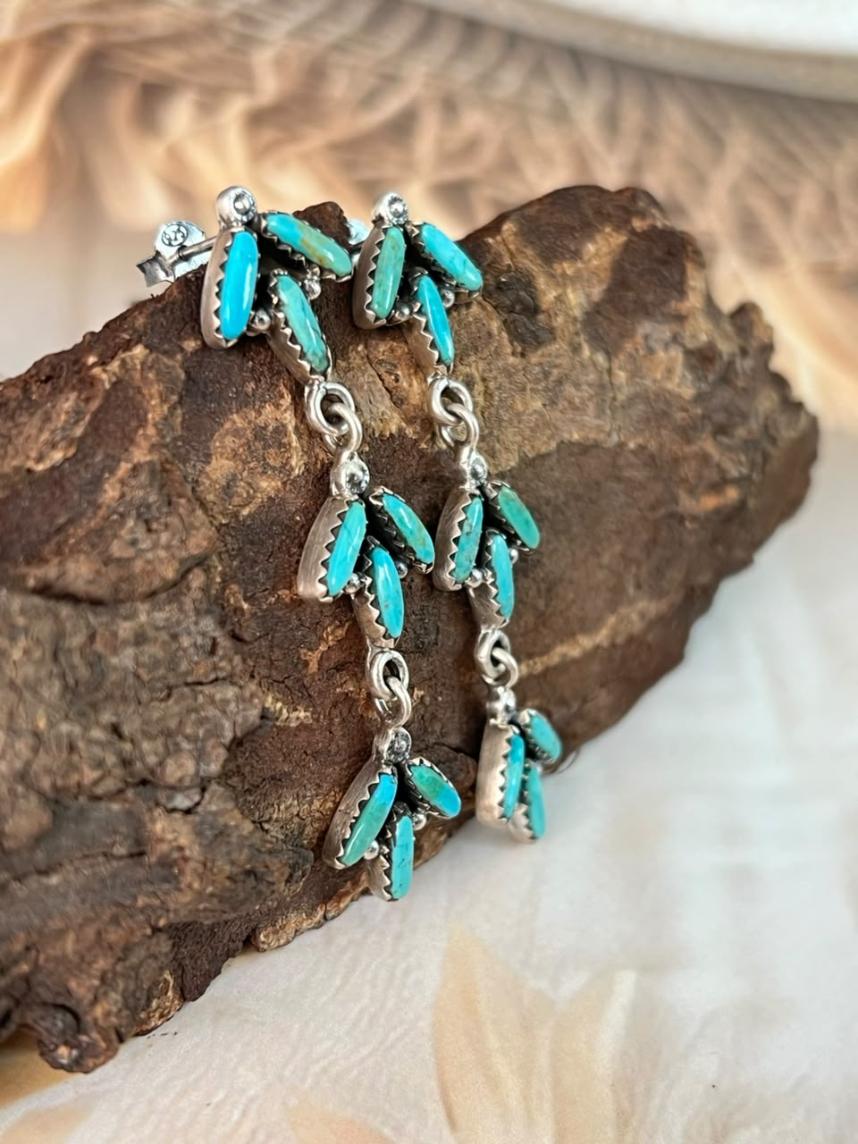 Handmade Sterling Silver Kingman Turquoise Post Dangle Earrings Signed Nizhoni (4)