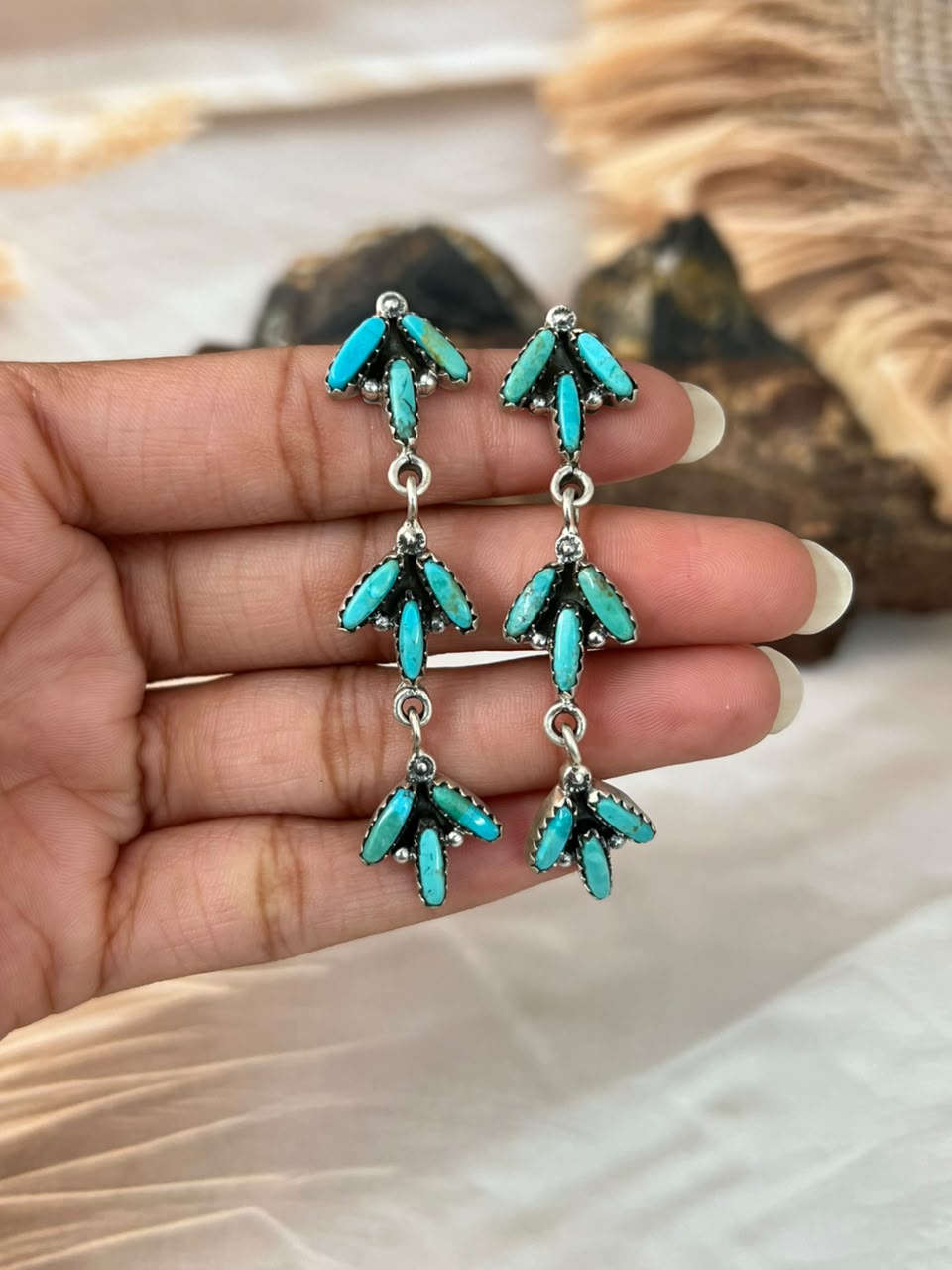 Handmade Sterling Silver Kingman Turquoise Post Dangle Earrings Signed Nizhoni (4)