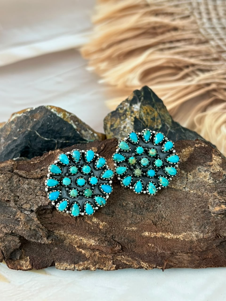 Handmade Sterling Silver Kingman Turquoise Post Studs Earrings Signed Nizhoni (3)