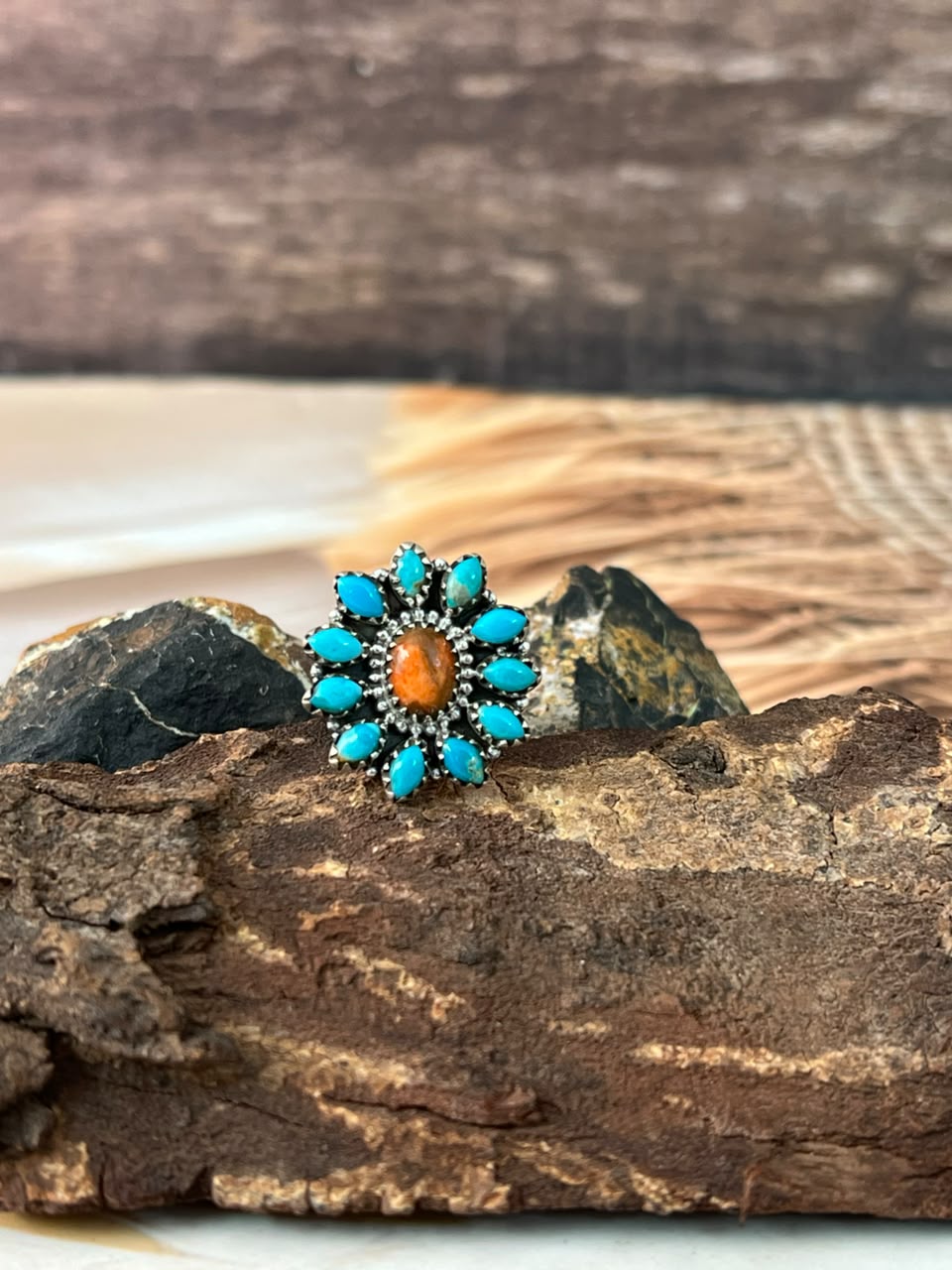 Handmade Sterling Silver Kingman Turquoise with Orange Mojave Adjustable Ring Signed Nizhoni •99