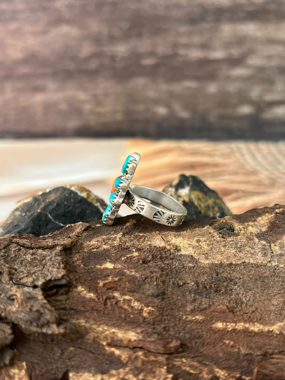 Handmade Sterling Silver Kingman Turquoise with Orange Mojave Adjustable Ring Signed Nizhoni