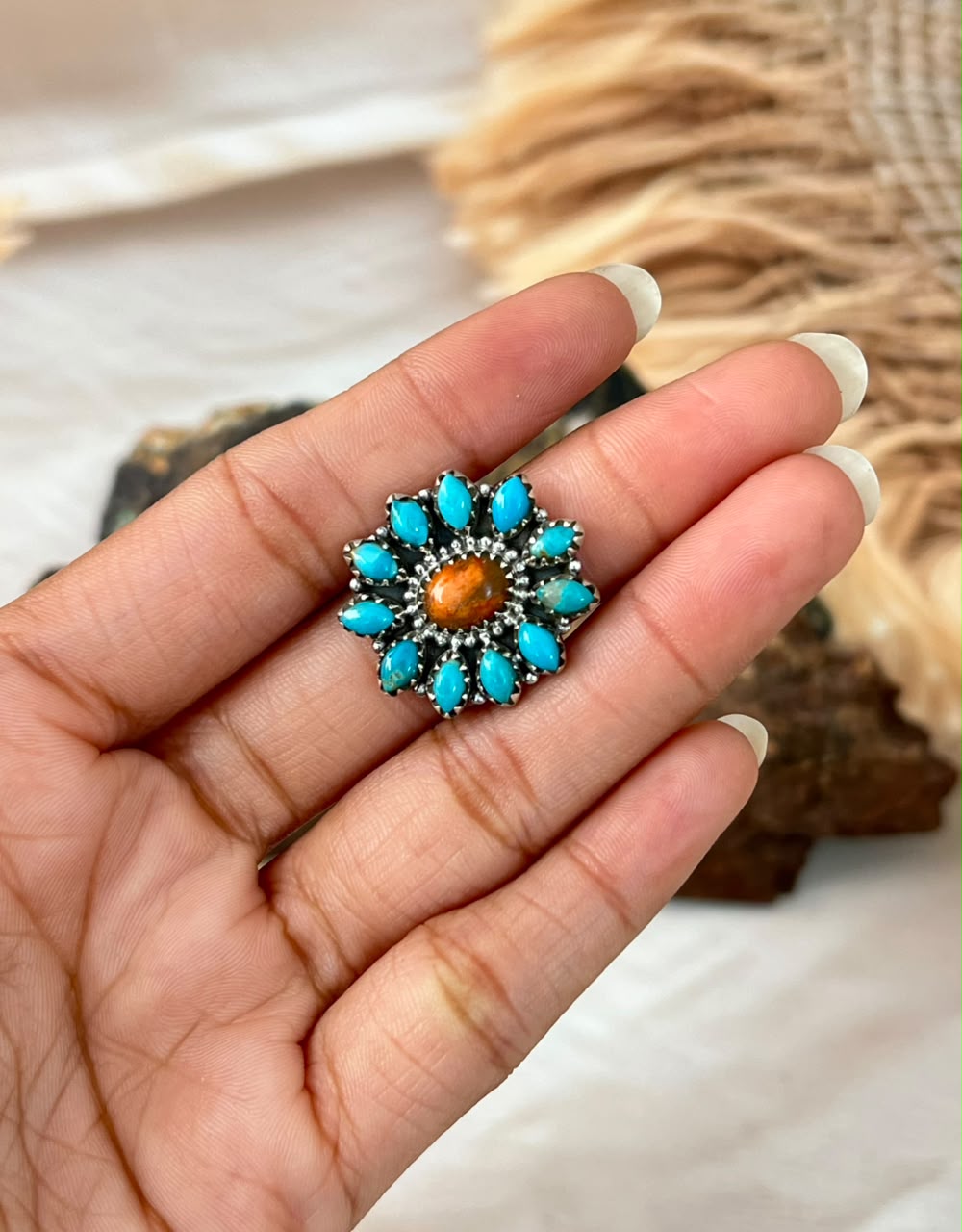 Handmade Sterling Silver Kingman Turquoise with Orange Mojave Adjustable Ring Signed Nizhoni •99