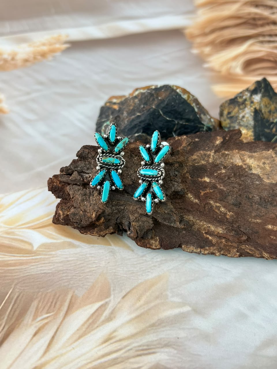 Handmade Sterling Silver Kingman Turquoise Post Studs Earrings Signed Nizhoni (5)