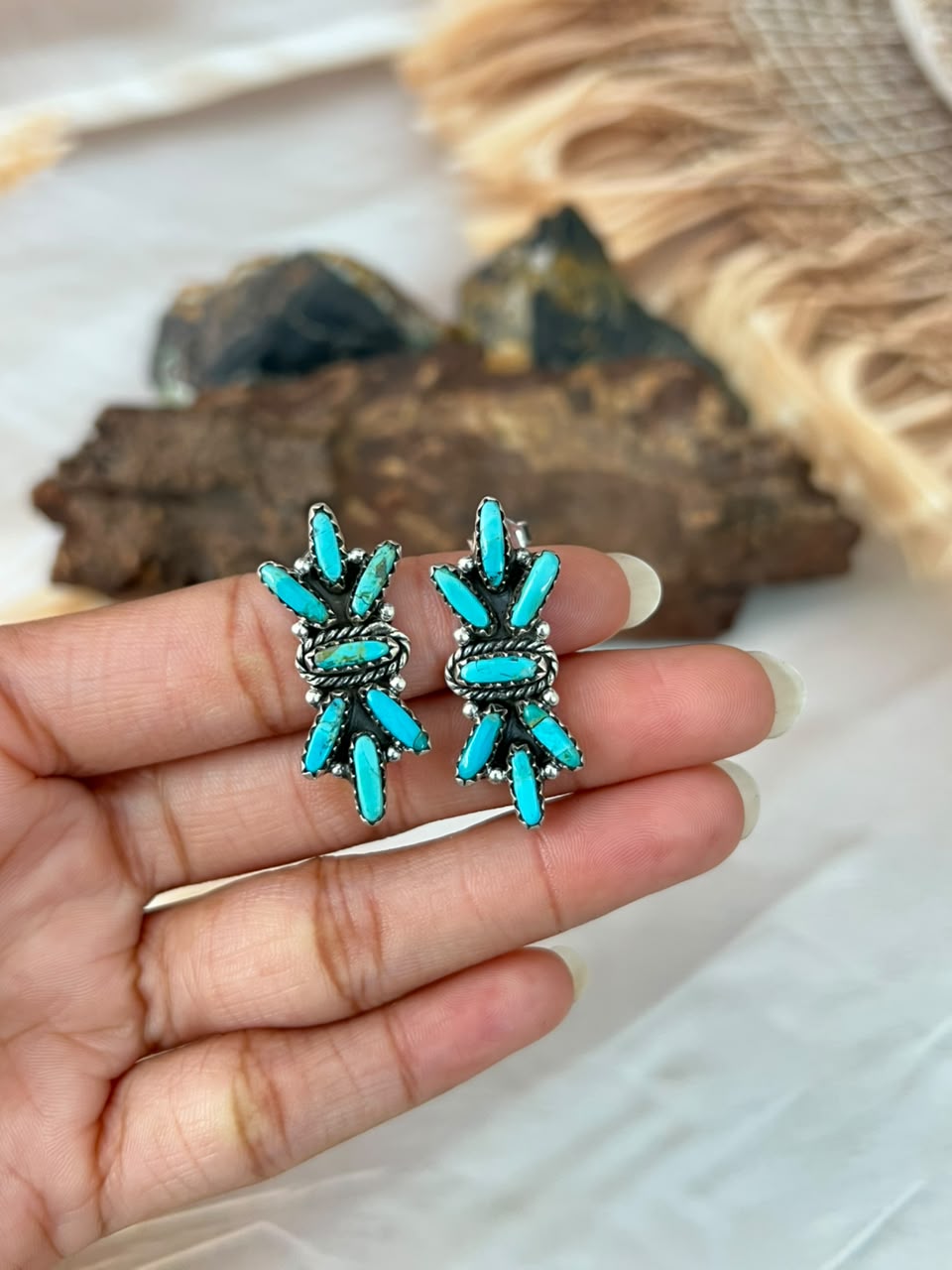 Handmade Sterling Silver Kingman Turquoise Post Studs Earrings Signed Nizhoni (5) •99
