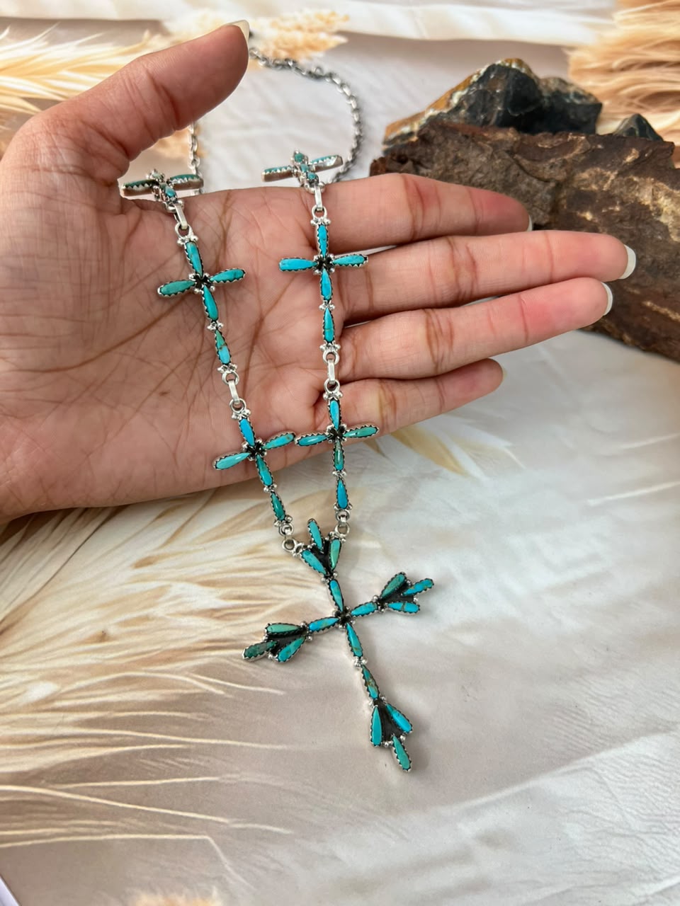 Handmade Sterling Silver Kingman Turquoise Cross Necklace Signed Nizhoni