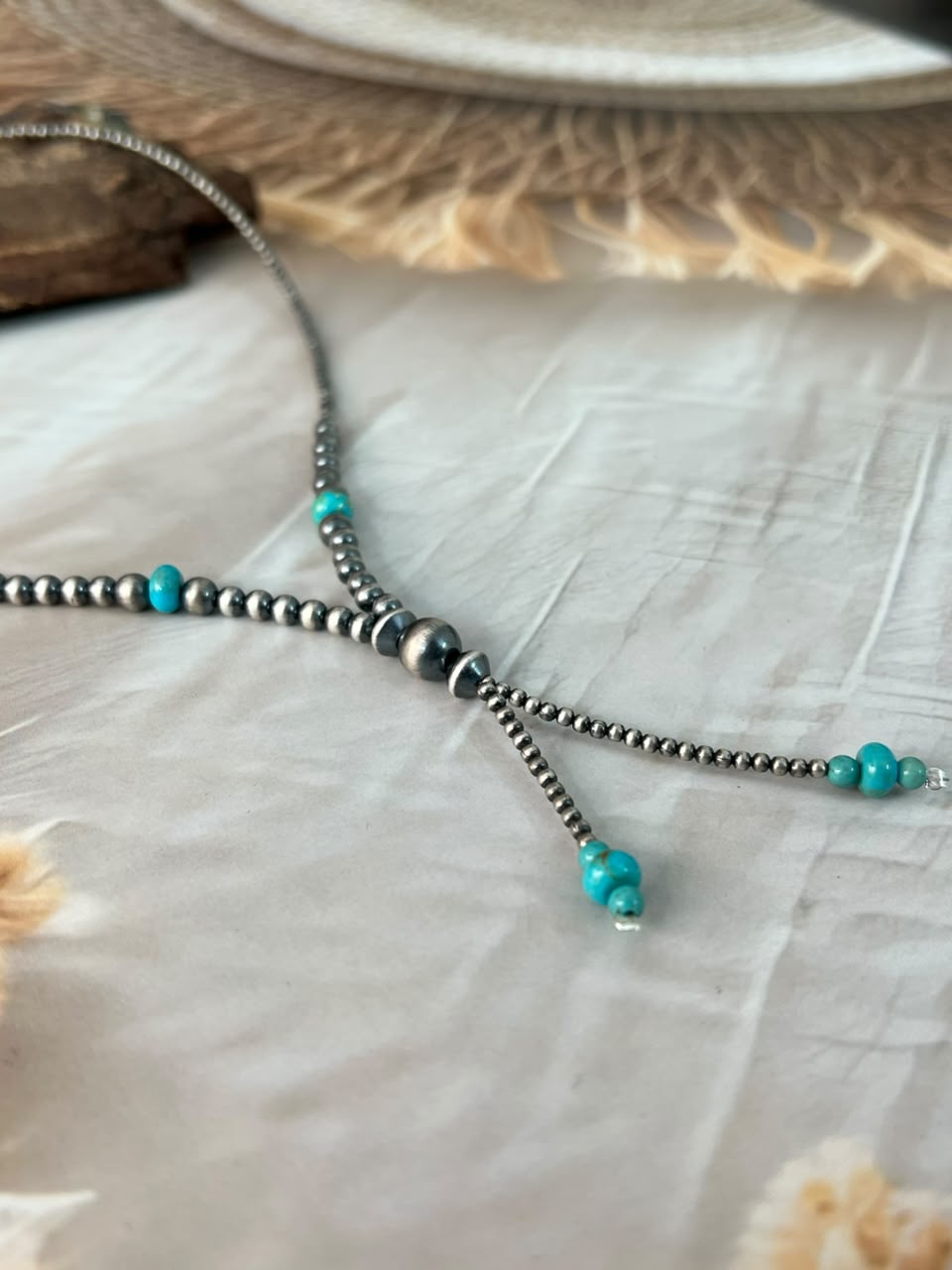 Handmade Sterling Silver Kingman Turquoise Beaded Necklace Signed Nizhoni