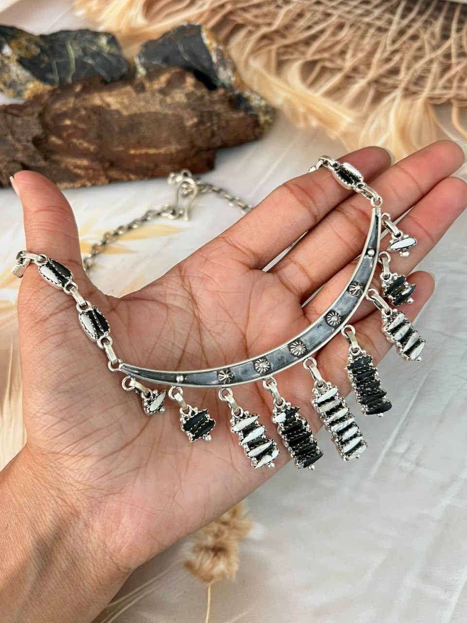 Handmade Sterling Silver White Buffalo Necklace Signed Nizhoni