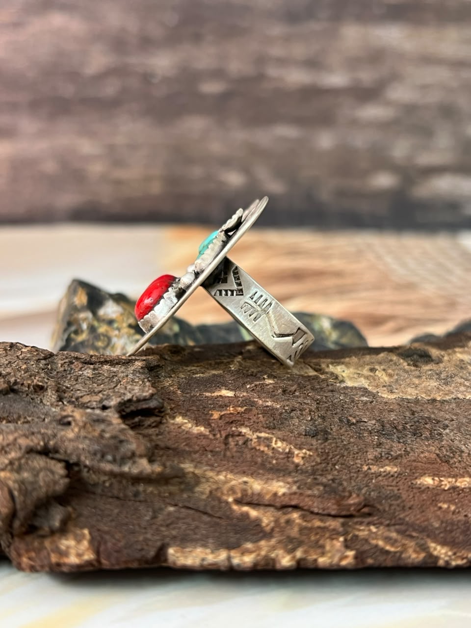 Handmade Sterling Silver Kingman Turquoise with Rosarita Adjustable Cherry Ring Signed Nizhoni