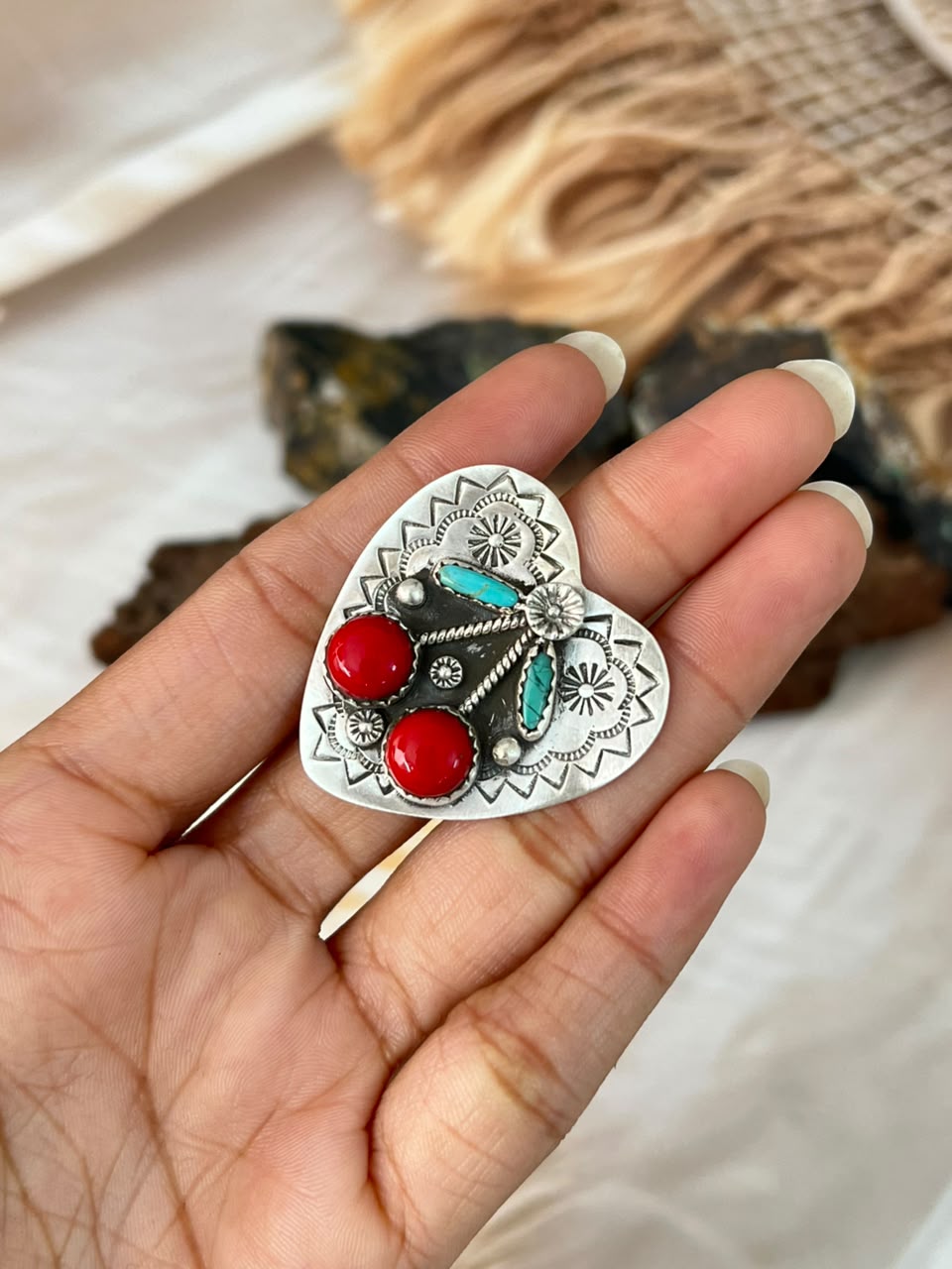 Handmade Sterling Silver Kingman Turquoise with Rosarita Adjustable Cherry Ring Signed Nizhoni