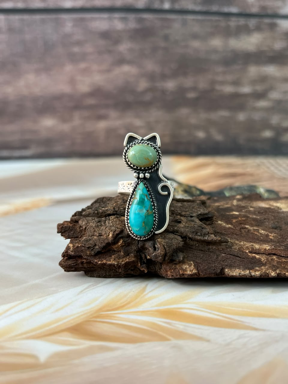 Handmade Sterling Silver Kingman Turquoise Adjustable Cat Ring Signed Nizhoni