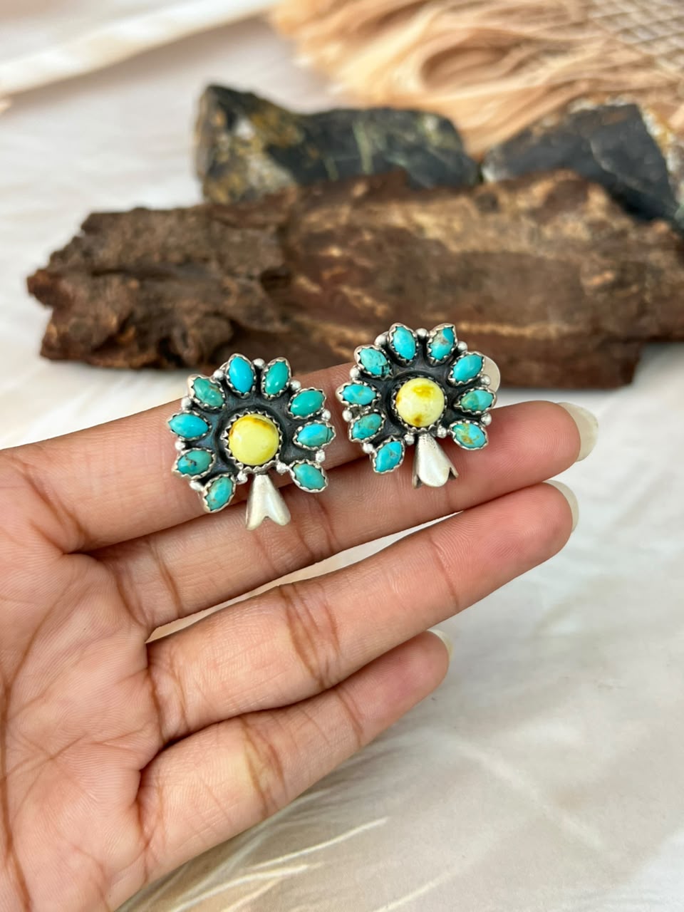 Handmade Sterling Silver Palomino with Kingman Turquoise Post Studs Squash Blossom Earrings Signed Nizhoni