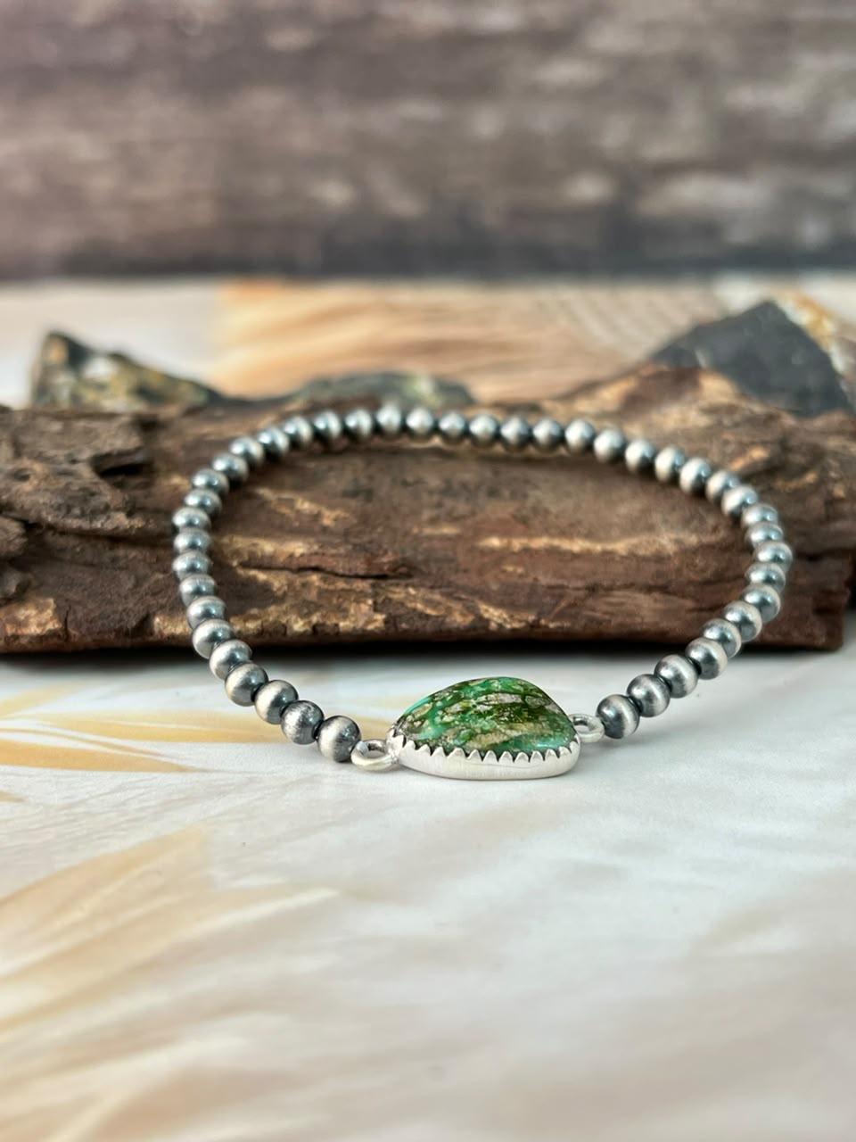 Handmade Sterling Silver Sonoran Mountain Turquoise Stretchy Beaded Bracelet Signed Nizhoni
