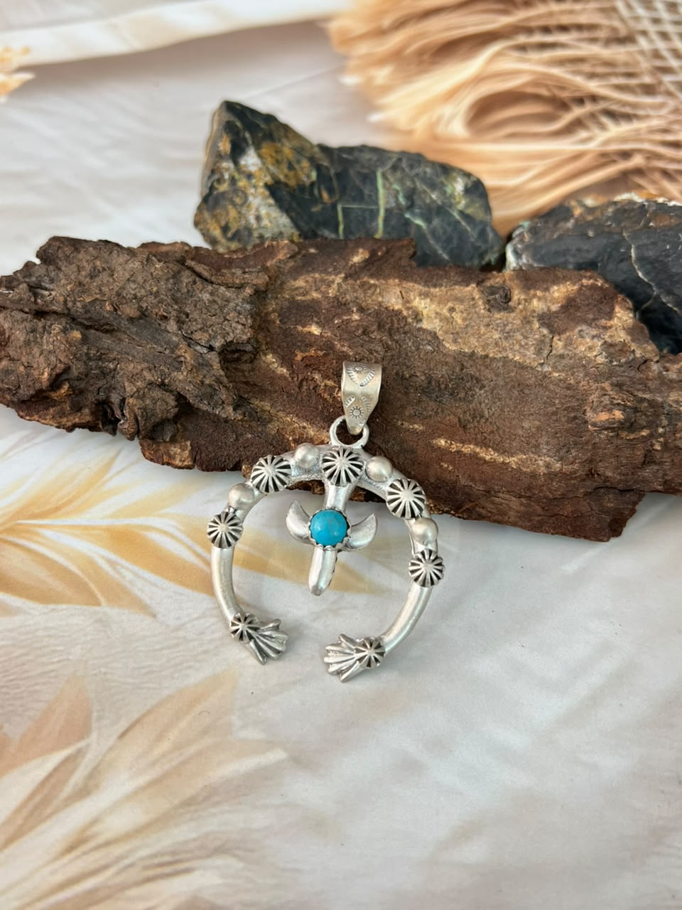 Handmade Sterling Silver Kingman Turquoise Naja Pendant Signed Nizhoni