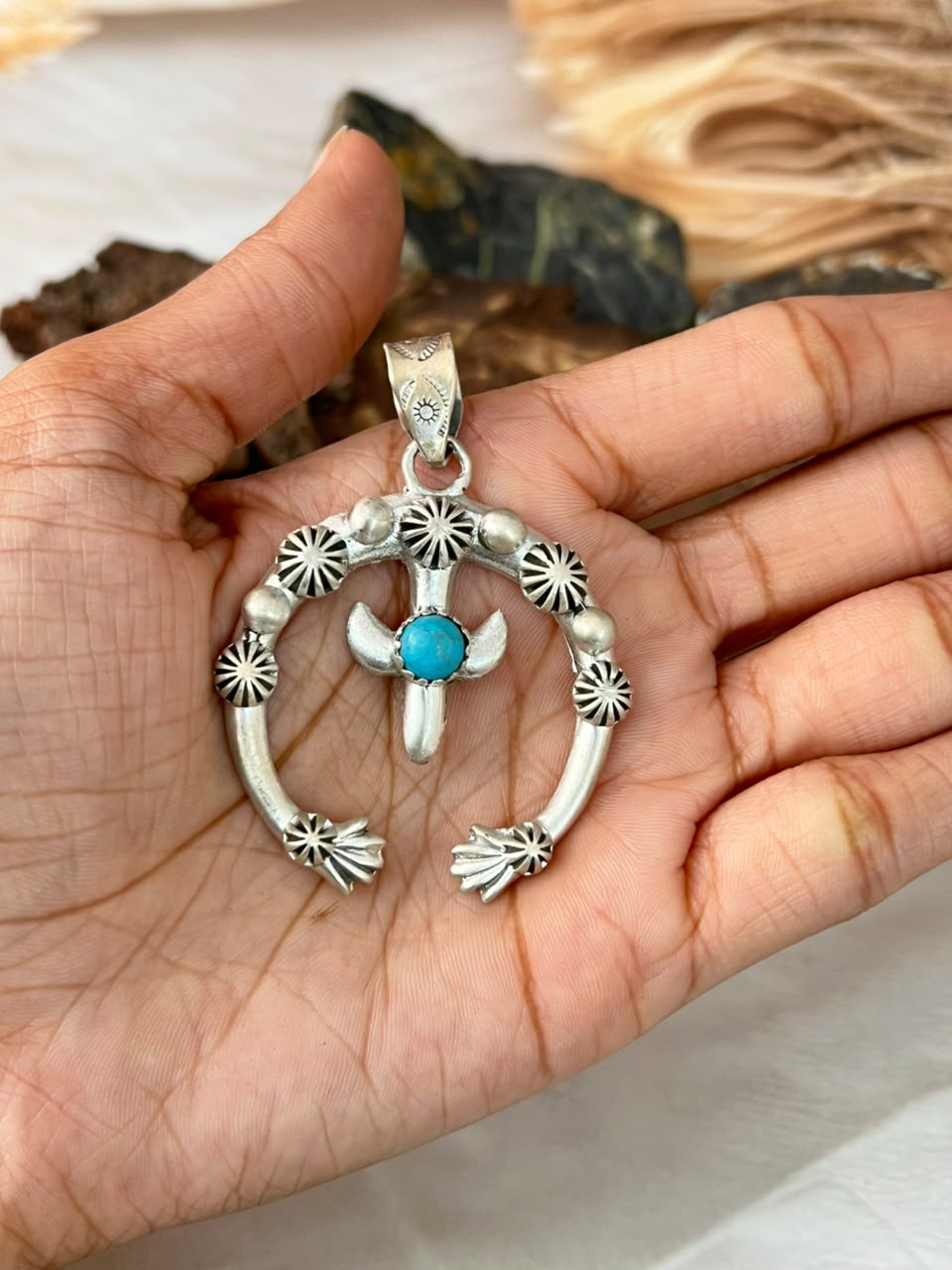 Handmade Sterling Silver Kingman Turquoise Naja Pendant Signed Nizhoni