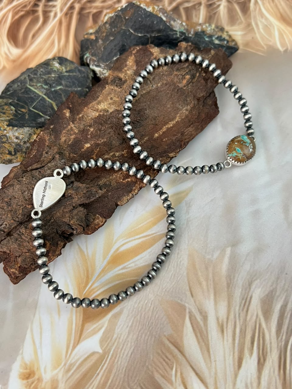 Handmade Sterling Silver Royston Turquoise Stretchy Beaded Bracelet Signed Nizhoni