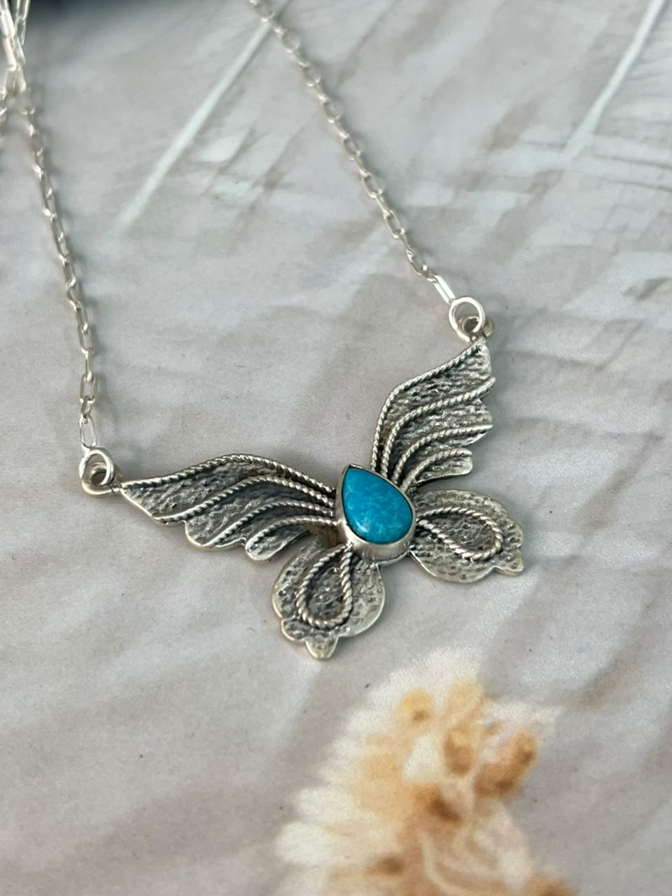 Handmade Sterling Silver Kingman Turquoise Butterfly Necklace Signed Nizhoni