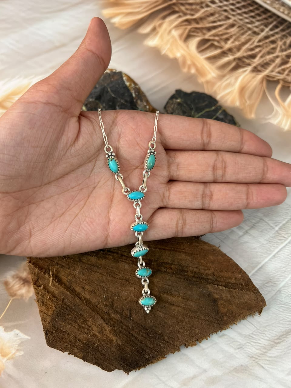 Handmade Sterling Silver Kingman Turquoise Drop Necklace Signed Nizhoni •99