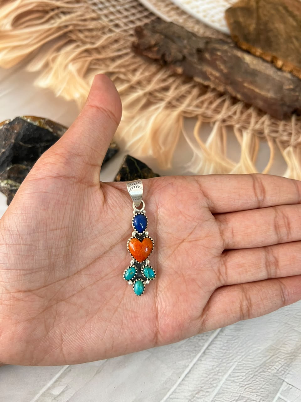Handmade Sterling Silver Kingman Turquoise with Orange Mojave and Lapis Pendant Signed Nizhoni