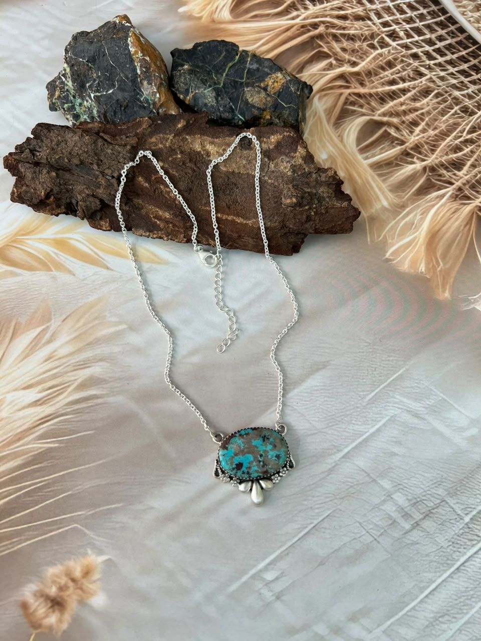 Handmade Sterling Silver Manassa Turquoise Necklace Signed Nizhoni