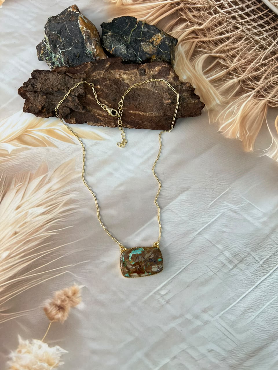 “The Golden Collection” Handmade Sterling Silver Gold Over Silver Ribbon Royston Turquoise Bar Necklace Signed Nizhoni