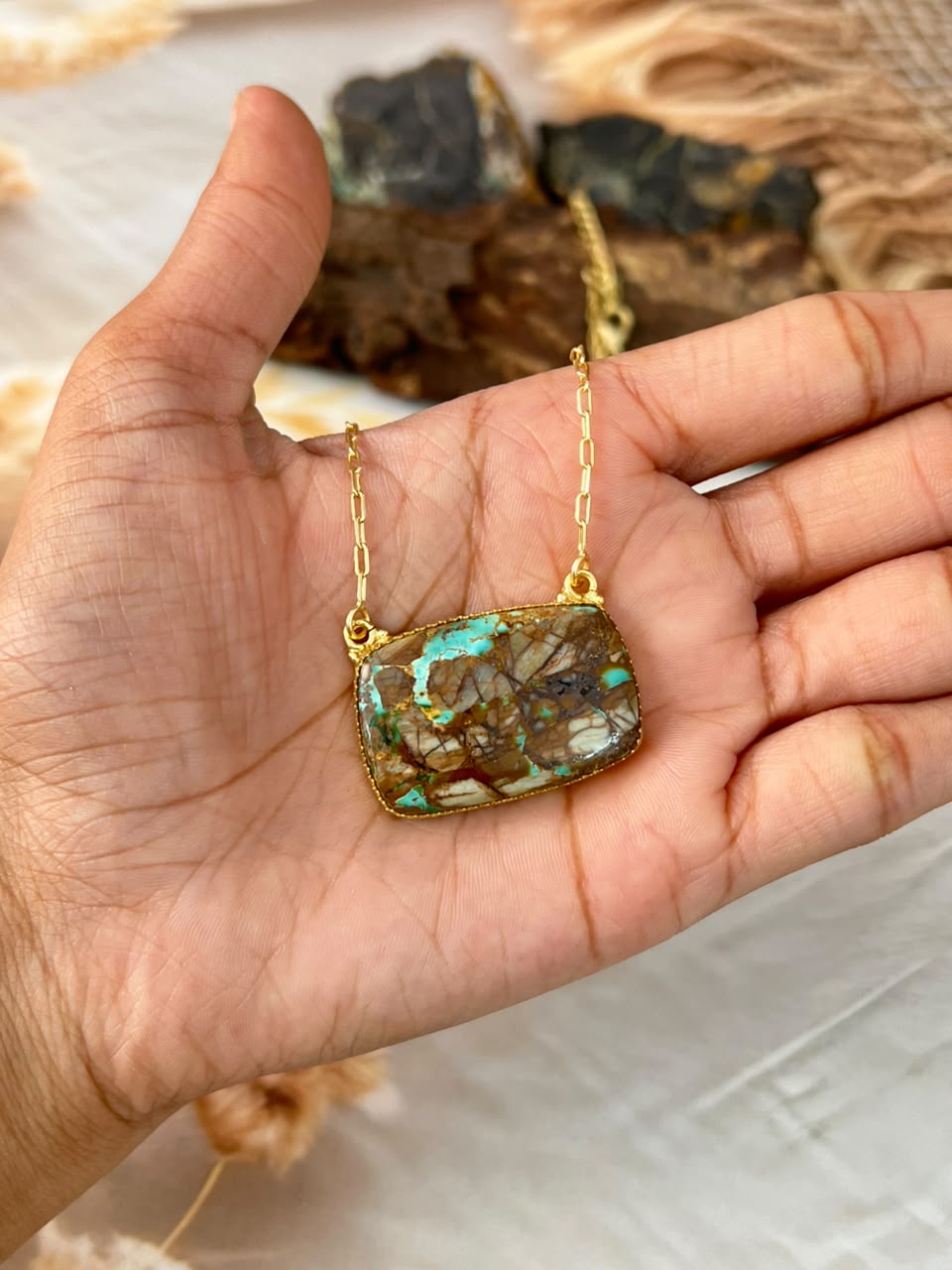 “The Golden Collection” Handmade Sterling Silver Gold Over Silver Ribbon Royston Turquoise Bar Necklace Signed Nizhoni