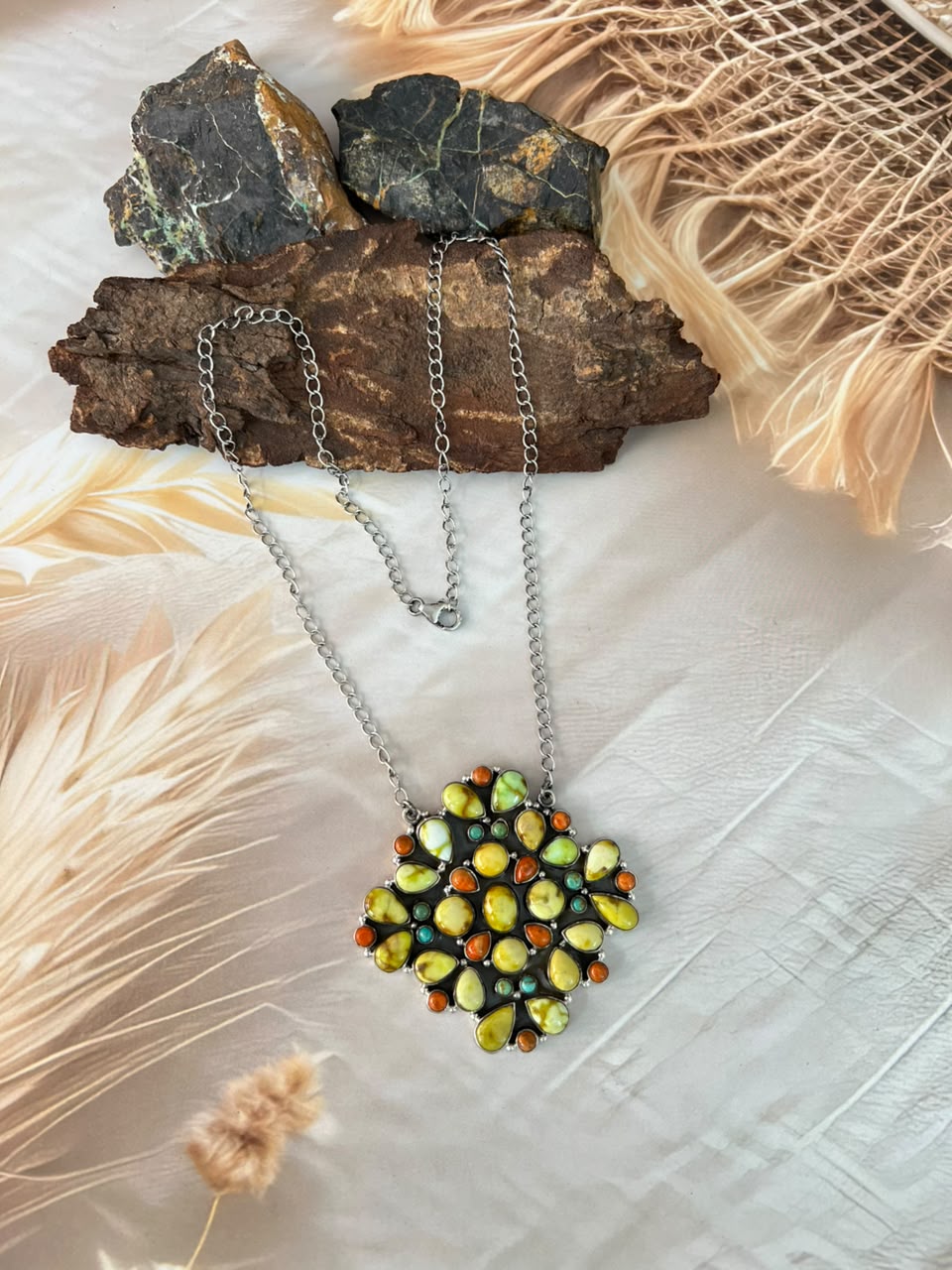 Handmade Sterling Silver Palomino with Kingman Turquoise and Orange Mojave Necklace Signed Nizhoni