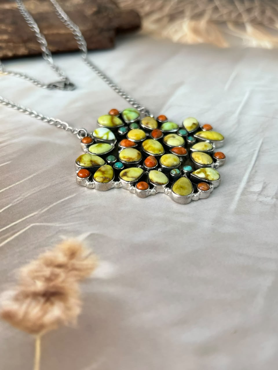 Handmade Sterling Silver Palomino with Kingman Turquoise and Orange Mojave Necklace Signed Nizhoni