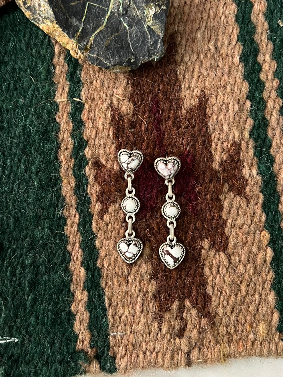 Handmade Sterling Silver Wildhorse Magnesite Post Heart Dangle Earrings Signed Nizhoni