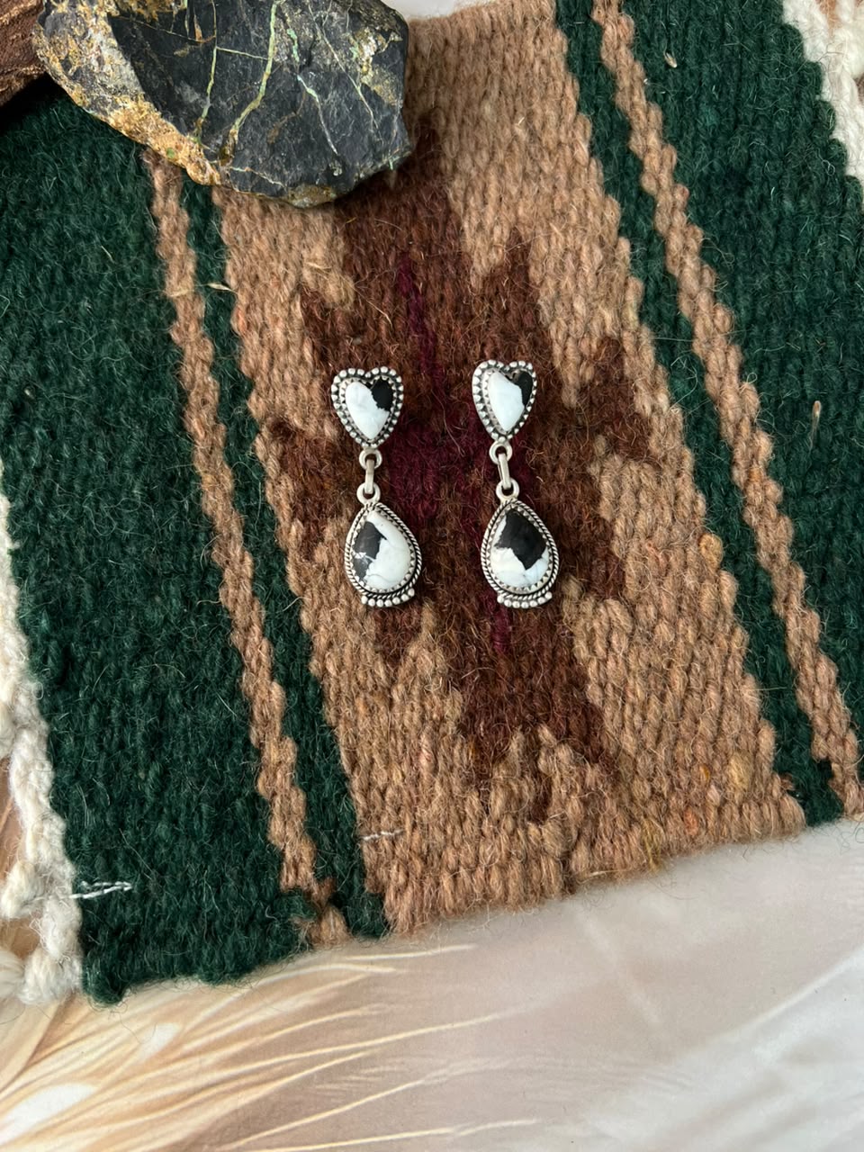 Handmade Sterling Silver White Buffalo Post Dangle Earrings Signed Nizhoni