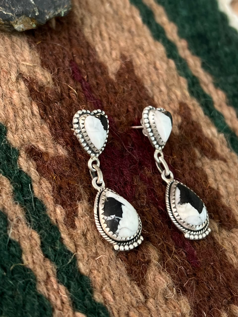 Handmade Sterling Silver White Buffalo Post Dangle Earrings Signed Nizhoni