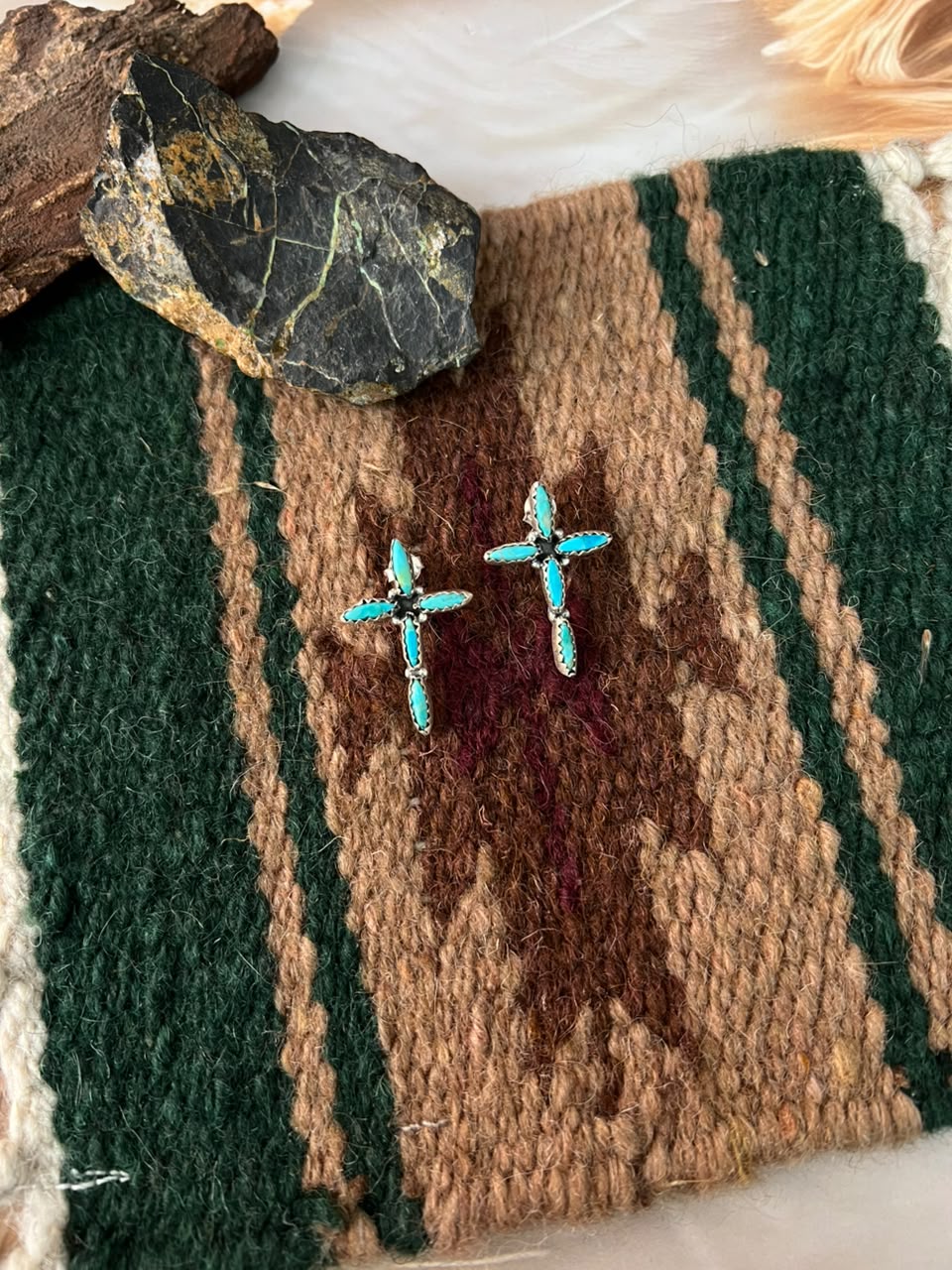 Handmade Sterling Silver Kingman Turquoise Post Studs Cross Earrings Signed Nizhoni