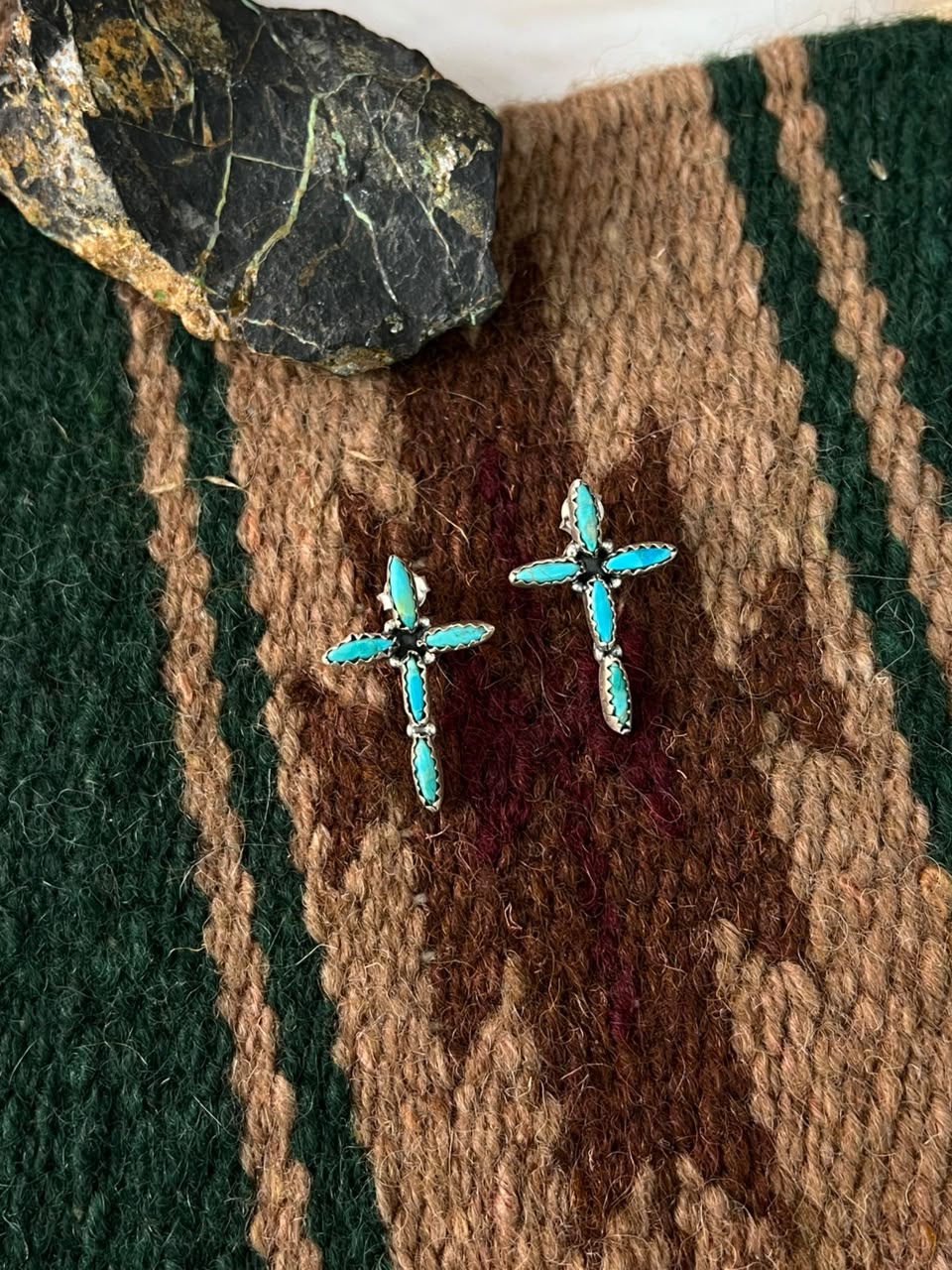 Handmade Sterling Silver Kingman Turquoise Post Studs Cross Earrings Signed Nizhoni