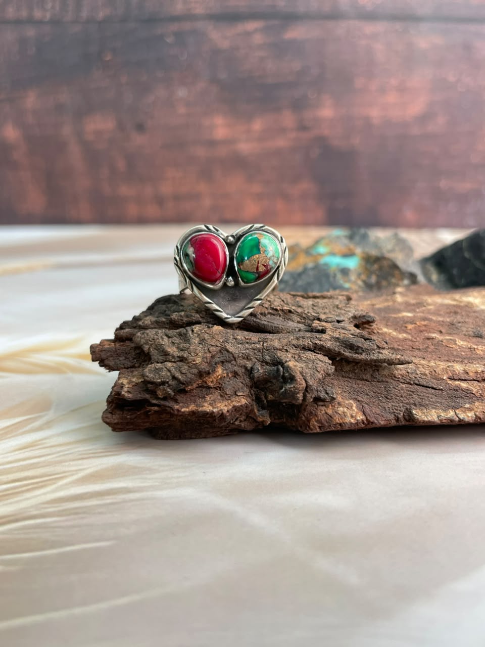 Handmade Sterling Silver Christmas Dahlia Collection: Adjustable Heart Ring Signed Nizhoni