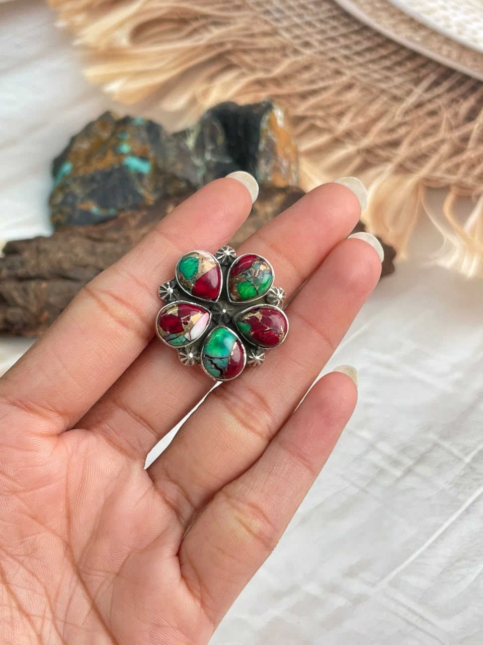 Handmade Sterling Silver Christmas Dahlia Collection: Adjustable Ring Signed Nizhoni