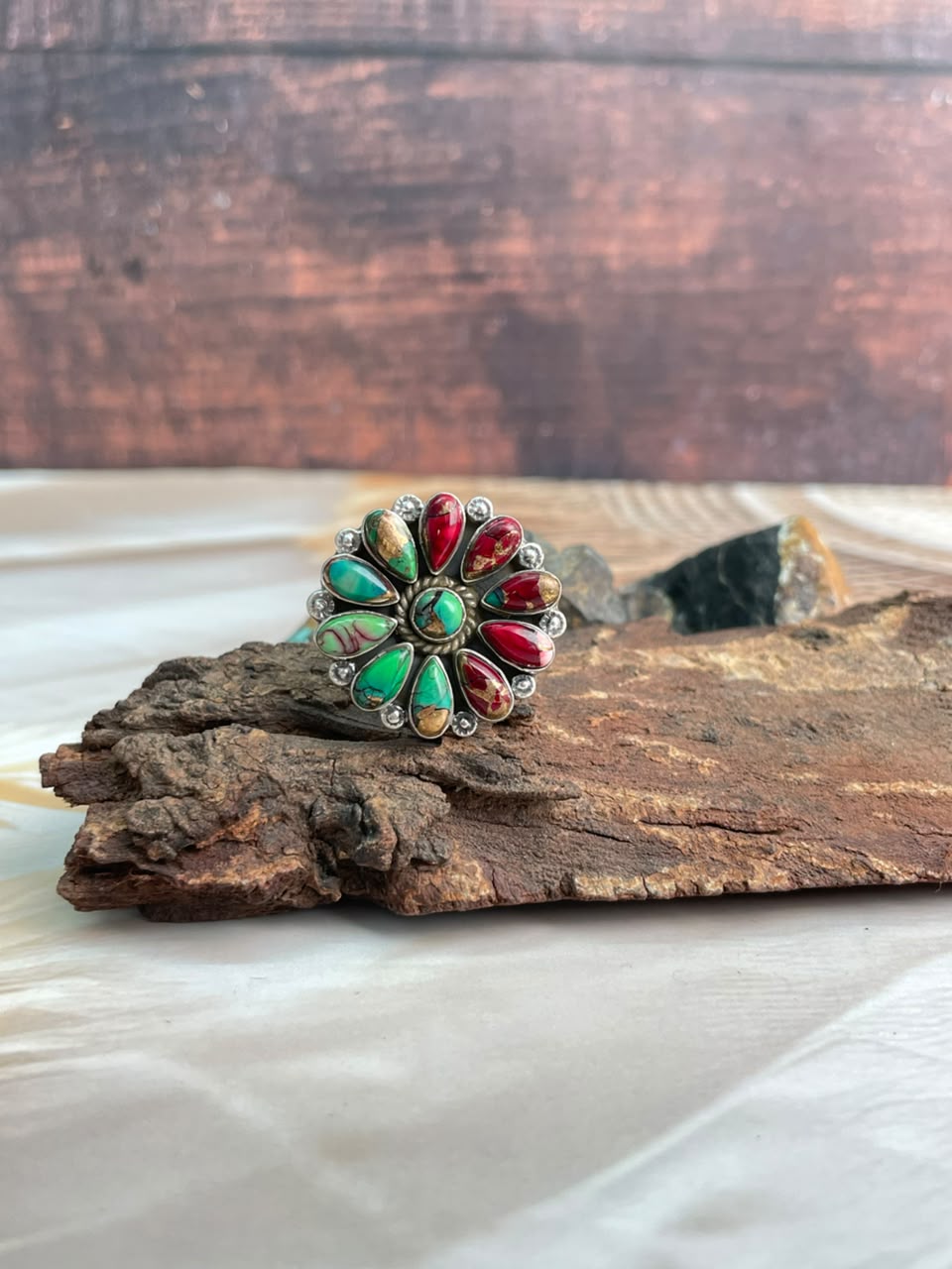 Handmade Sterling Silver Christmas Dahlia Collection: Adjustable Ring Signed Nizhoni