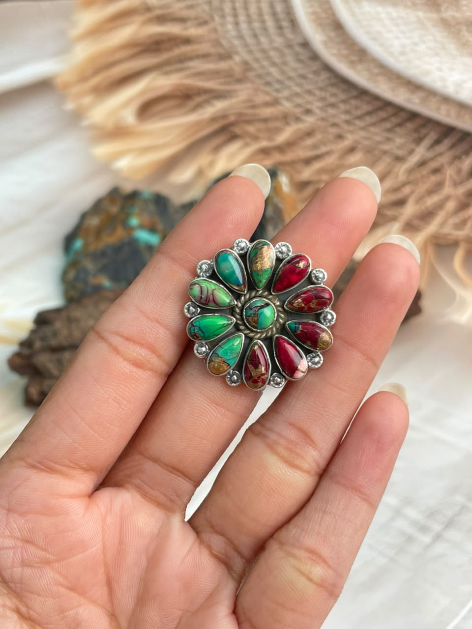 Handmade Sterling Silver Christmas Dahlia Collection: Adjustable Ring Signed Nizhoni