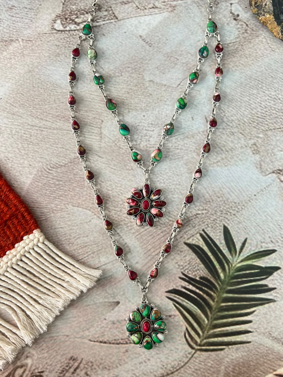 Handmade Sterling Silver Christmas Dahlia Collection: Layerd Necklace Signed Nizhoni