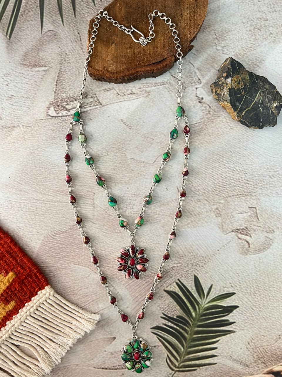 Handmade Sterling Silver Christmas Dahlia Collection: Layerd Necklace Signed Nizhoni