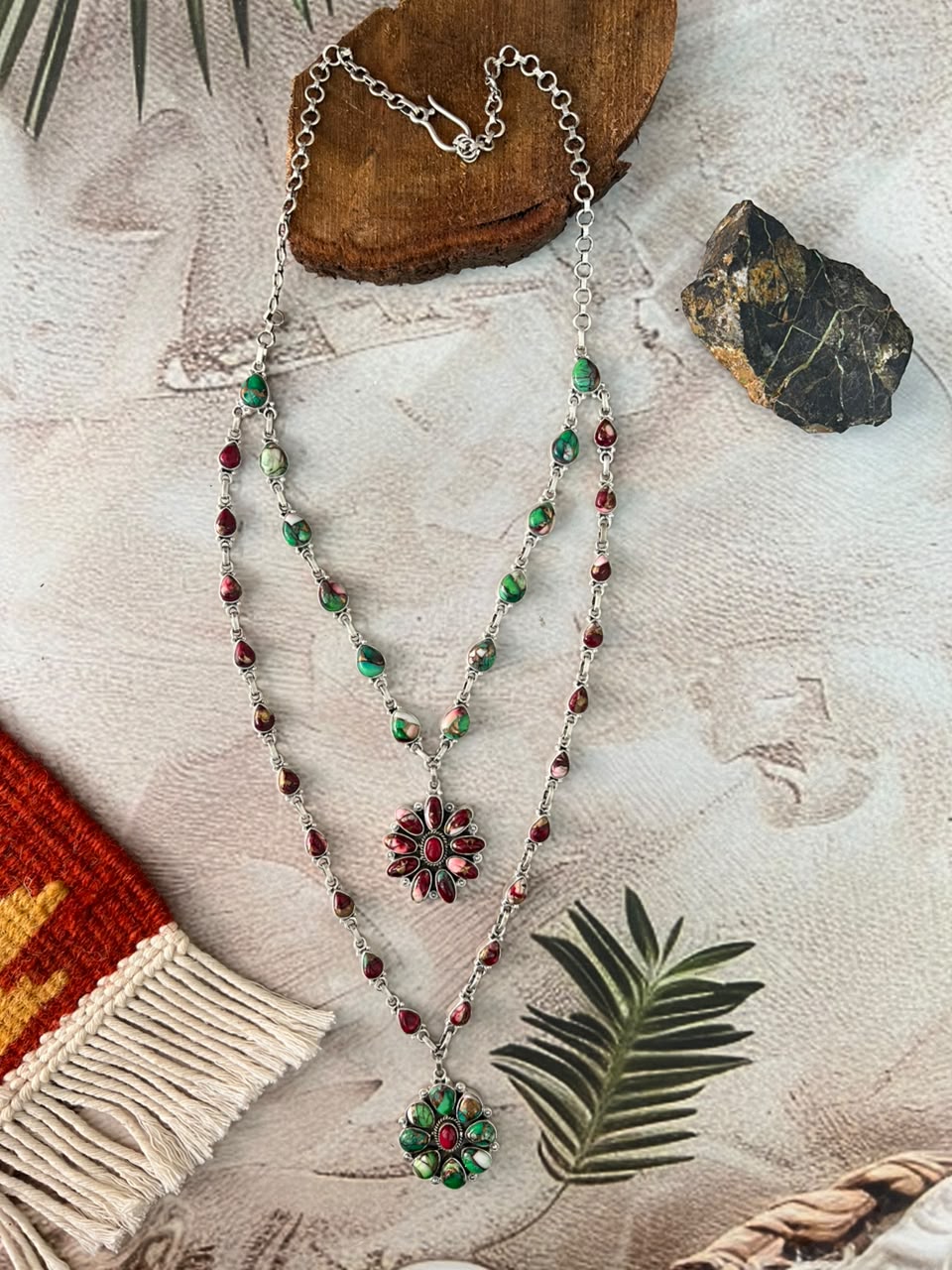 Handmade Sterling Silver Christmas Dahlia Collection: Layerd Necklace Signed Nizhoni
