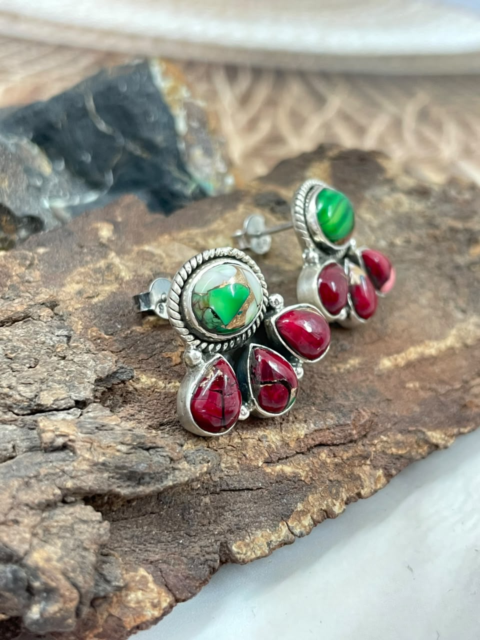 Handmade Sterling Silver Christmas Dahlia Collection: Post Studs Earrings Signed Nizhoni