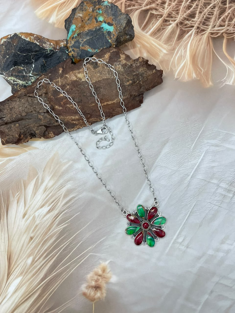 Handmade Sterling Silver Christmas Dahlia Collection: Necklace Signed Nizhoni