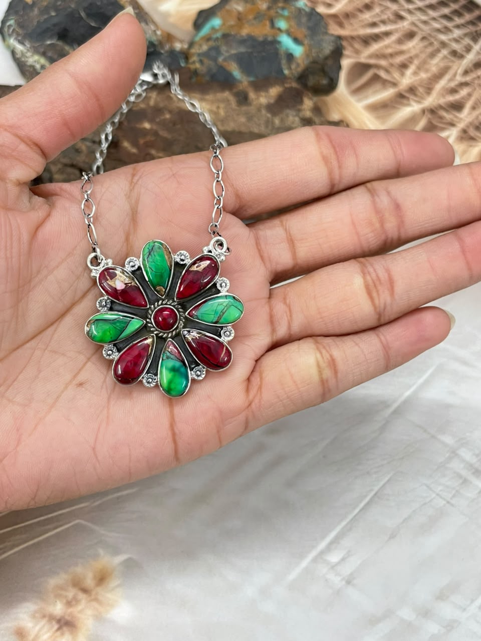 Handmade Sterling Silver Christmas Dahlia Collection: Necklace Signed Nizhoni