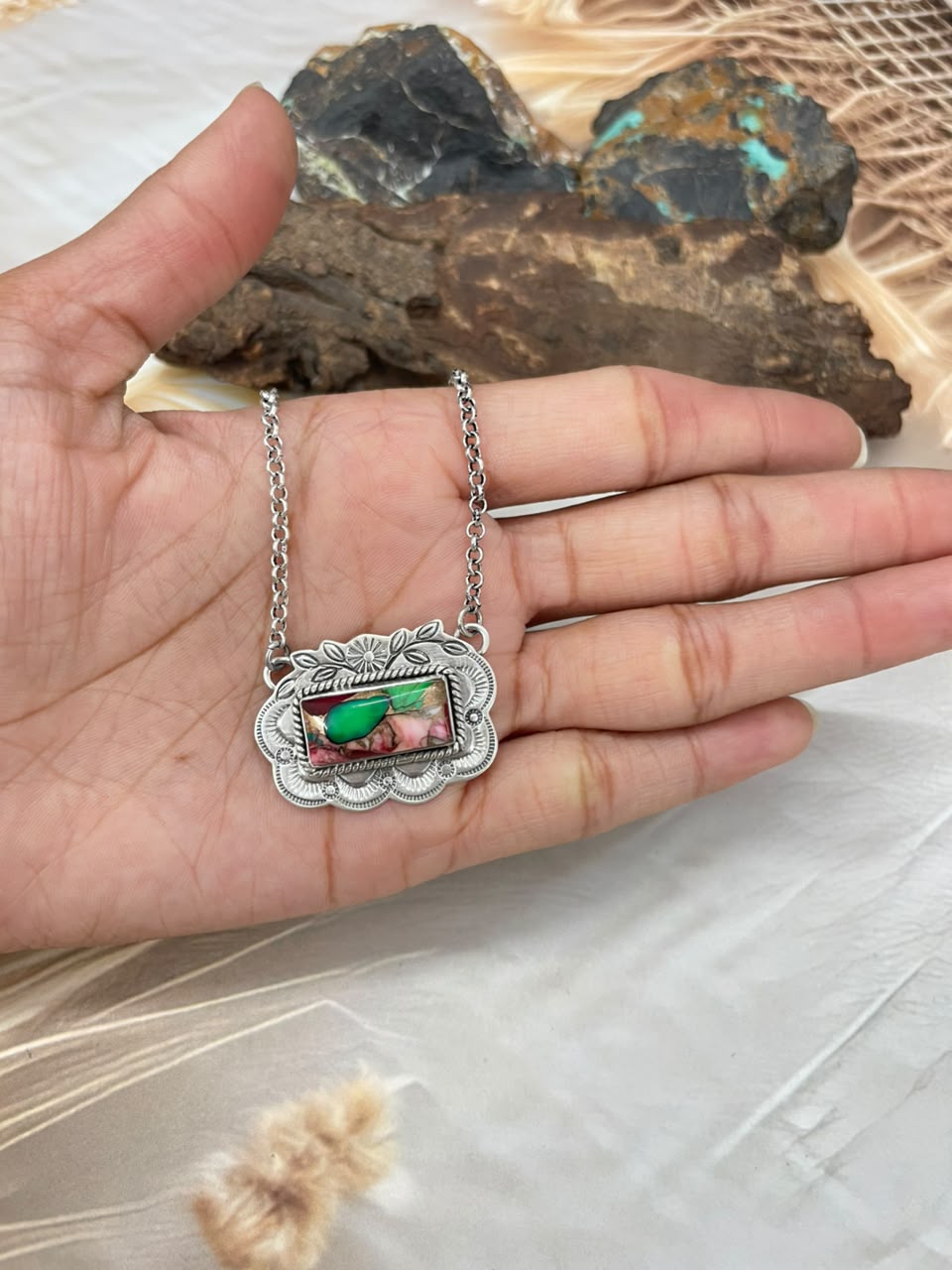 Handmade Sterling Silver Christmas Dahlia Collection: Bar Necklace Signed Nizhoni