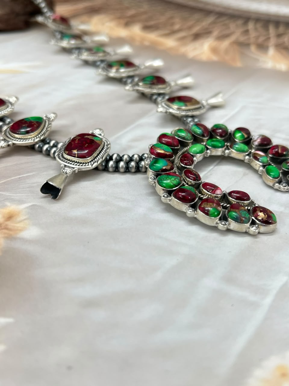 Handmade Sterling Silver Christmas Dahlia Collection: Beaded Squash Blossom Naja Necklace Signed Nizhoni