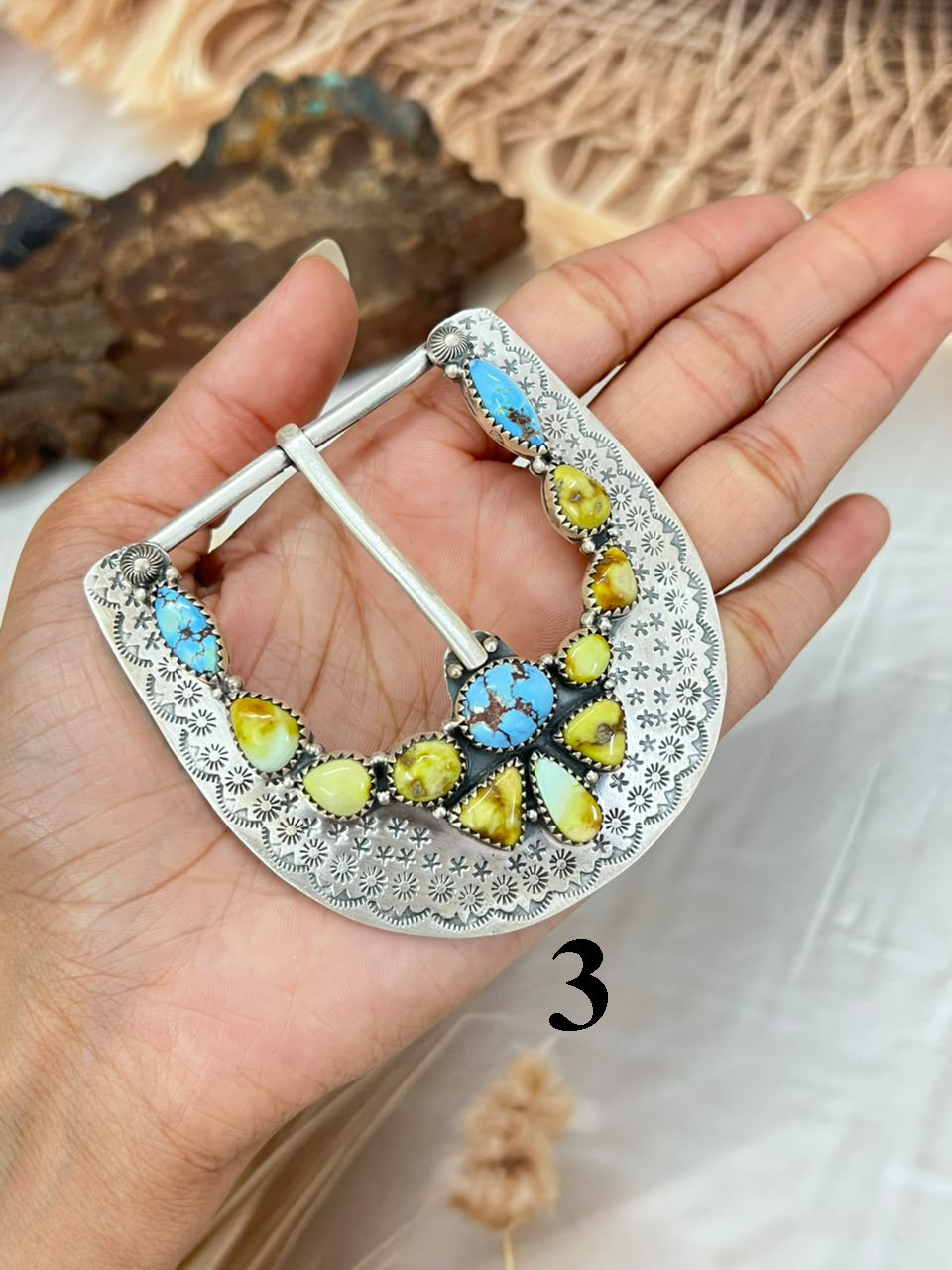 Handmade Sterling Silver Golden Hills with Palomino, Carico Lake, Royston, Sierra Bella and White Water Turquoise Belt Buckle Signed Nizhoni