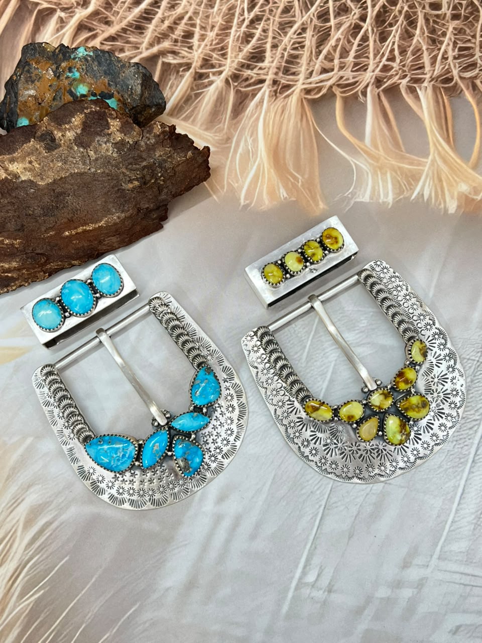 Handmade Sterling Silver Palomino and White Water Turquoise Belt Buckle Set Signed Nizhoni
