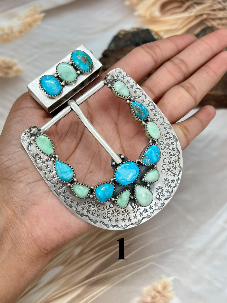 Handmade Sterling Silver Golden Hills and Paloma with Sierra Bella Turquoise Belt Buckle Set Signed Nizhoni