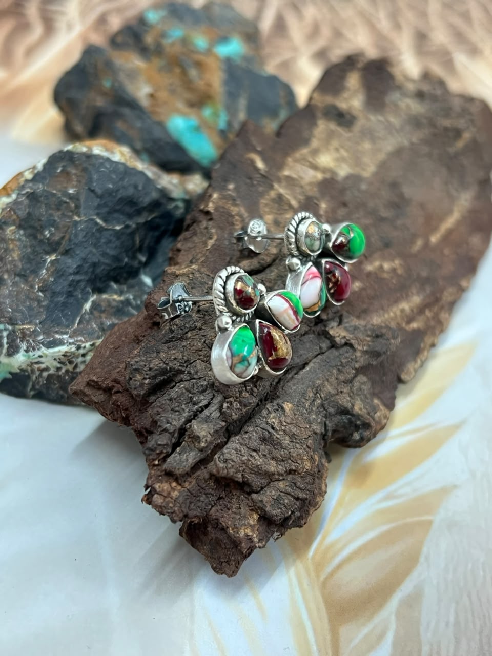 Handmade Sterling Silver Christmas Dahlia Collection: Post Studs Earrings Signed Nizhoni