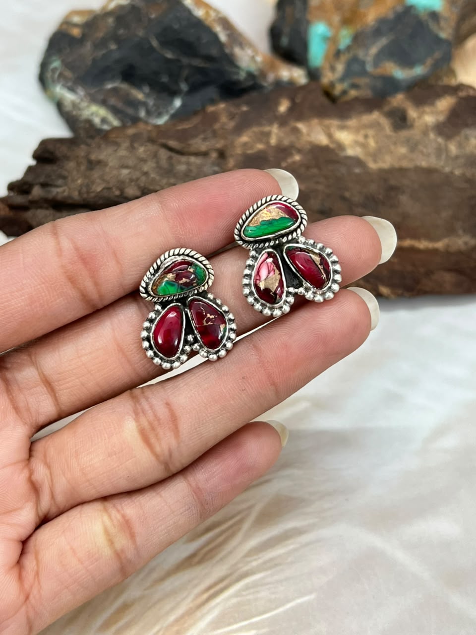 Handmade Sterling Silver Christmas Dahlia Collection: Post Studs Earrings Signed Nizhoni